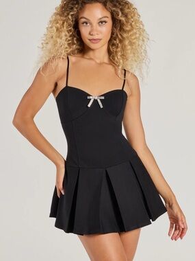 Windsor Black Spaghetti-Strap Pleated Mini Dress with Rhinestone Bow